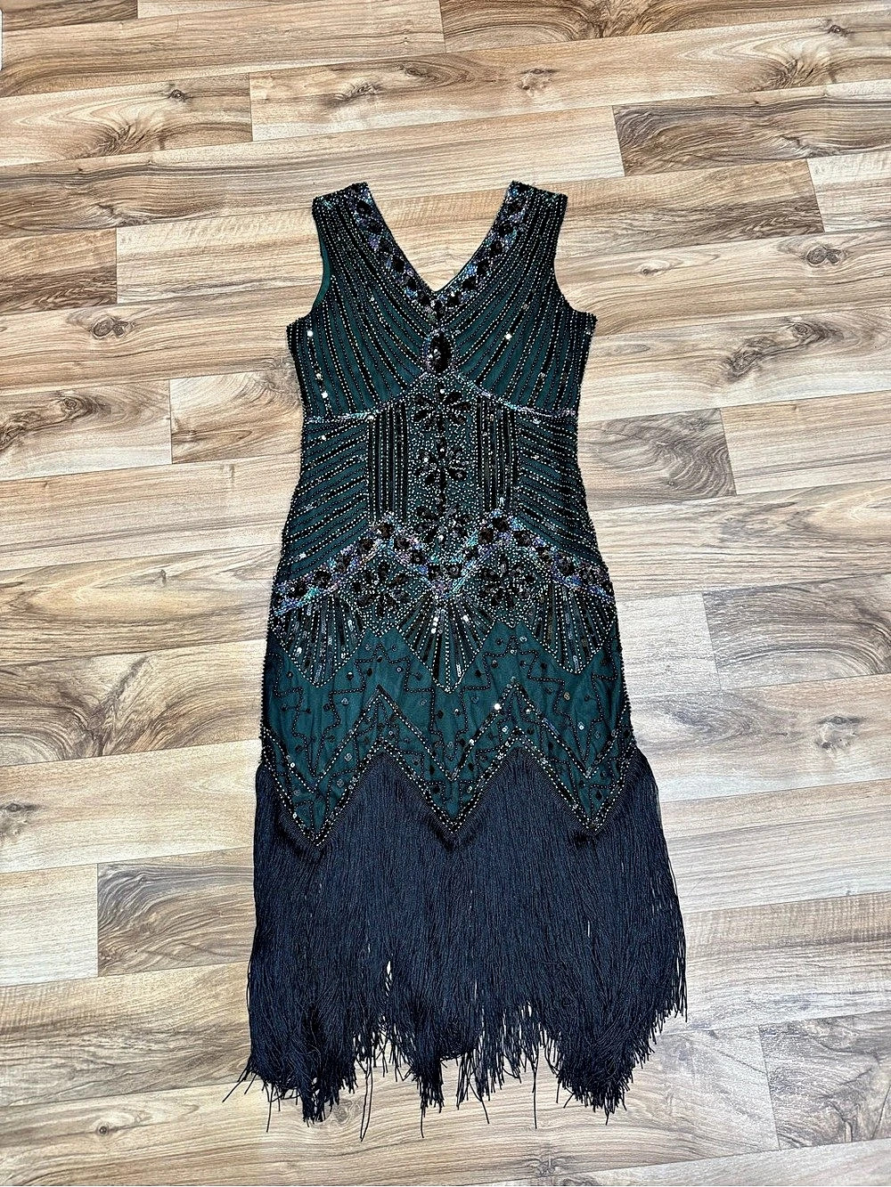 Flapper dress Beaded Fringe Mini Dress in Black & Green